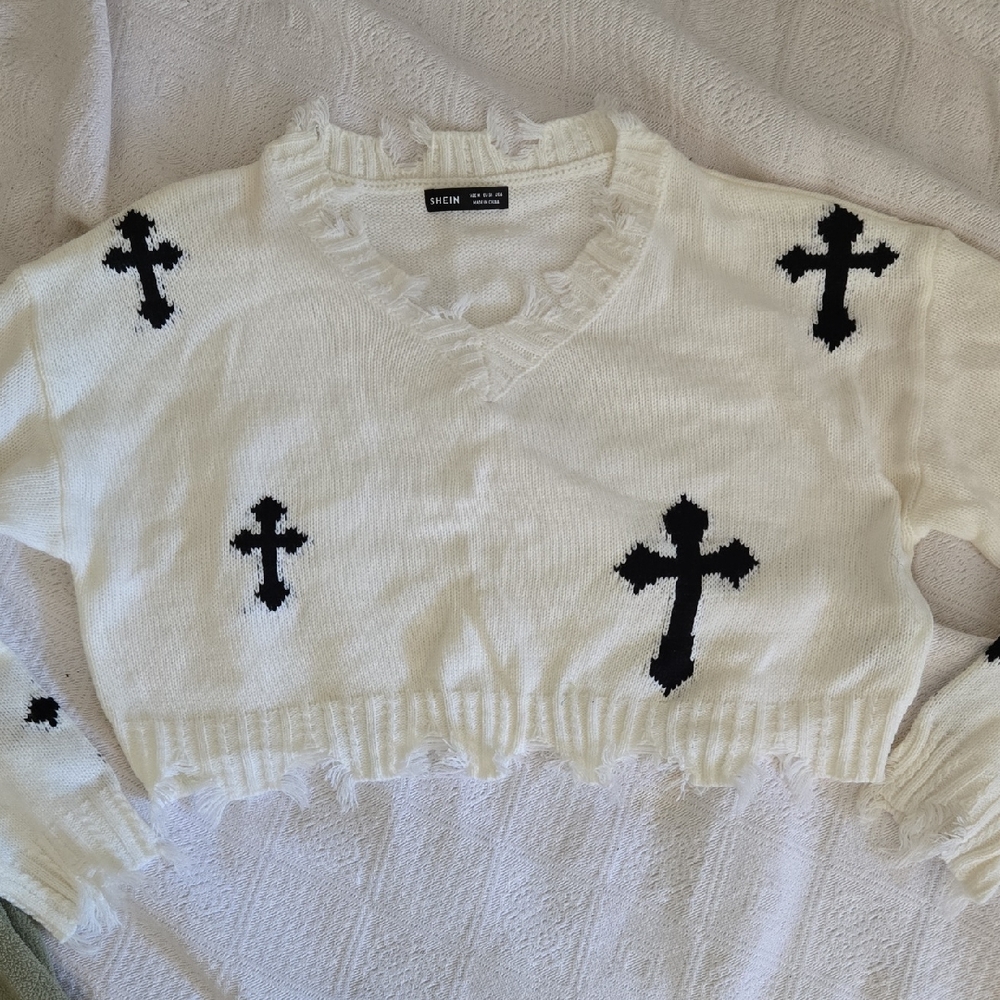 SHEIN V-Neck Sweater in White with Black Crosses